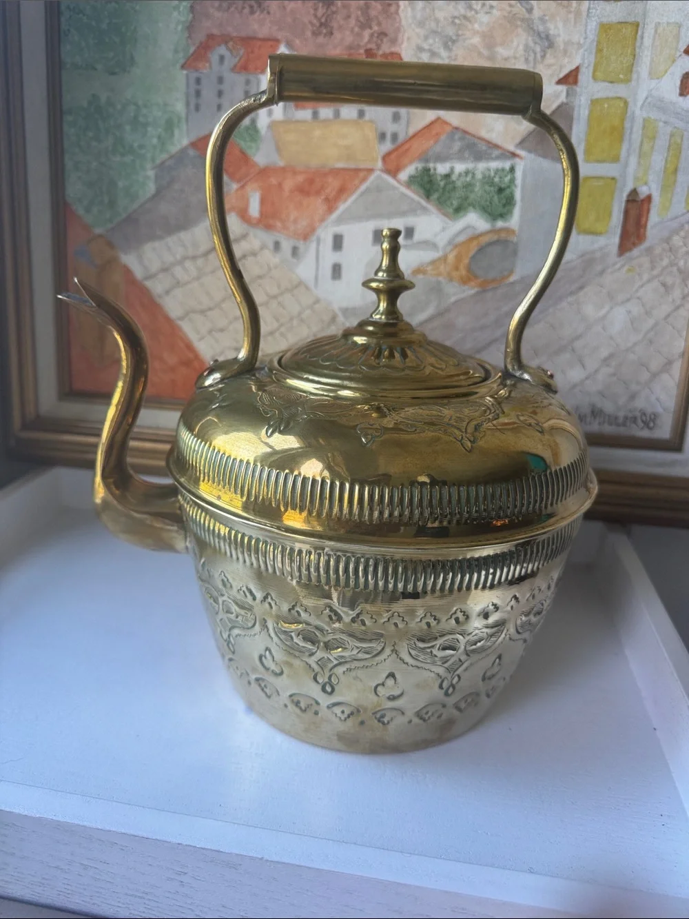 Decorative Gold Brass Kettle with Embossed Detail